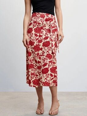 Mango Red Floral Wrap Midi Skirt NWT Partial Tag Size Large